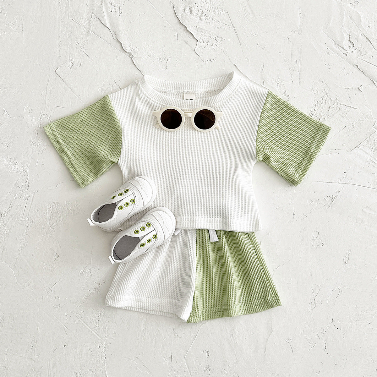 Waffle Stitching Short Sleeve Suit Korean Children Baby Two-piece Suit