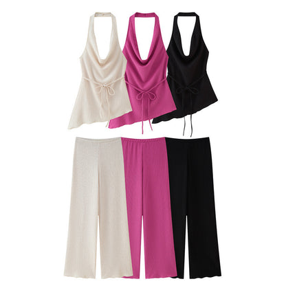 Asymmetric Design Hanging Collar Top And Trousers Suit