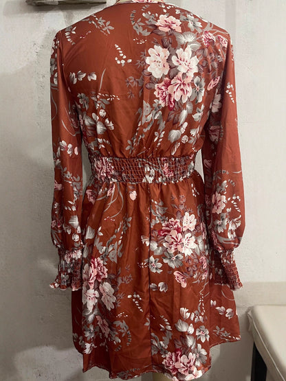 Spring And Autumn New Ladies Floral Printed V-neck Lantern Sleeve Dress