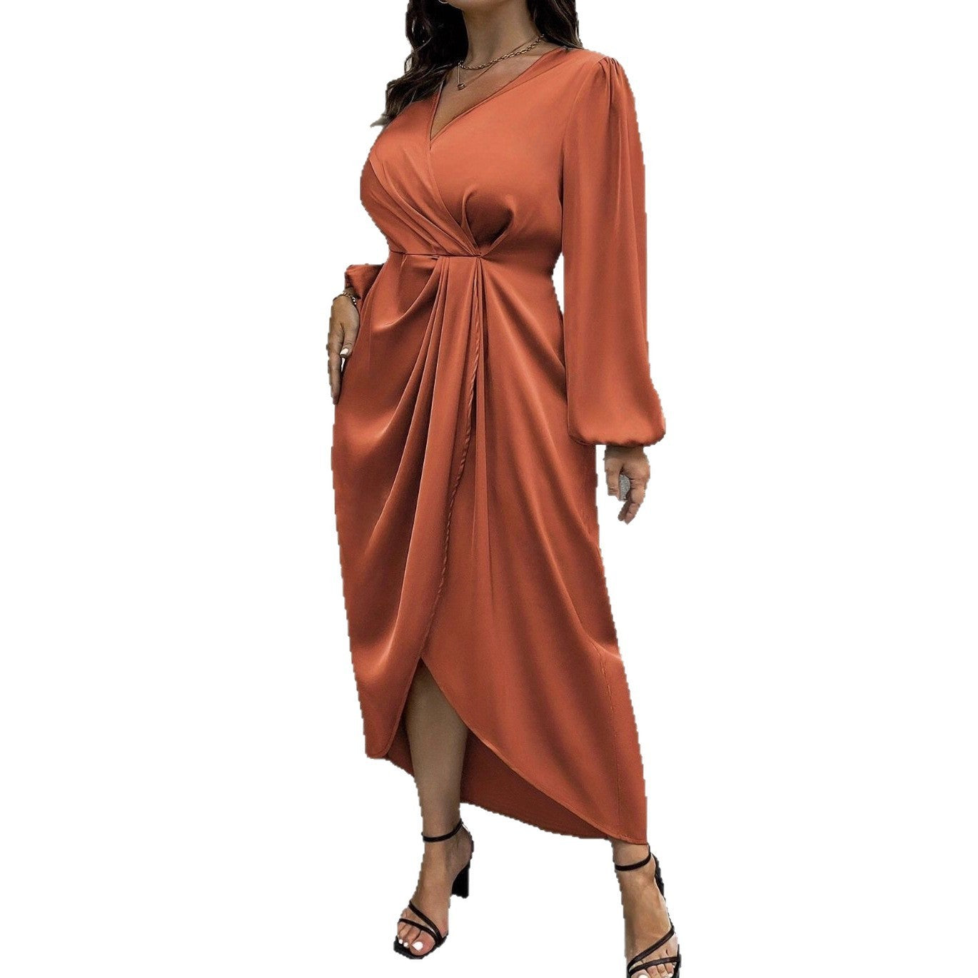 New Solid Color Long Sleeve V-neck Plus Size Women's Dress