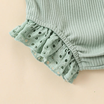 Girls' Flounced Sleeve Buttons Sunken Stripe Cotton Shorts Suit