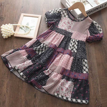 Girls New Short Sleeve Patchwork Print Dress
