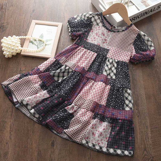 Girls New Short Sleeve Patchwork Print Dress