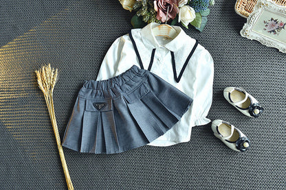 Girls' College Style Long-sleeved Shirt Pleated Skirt Two-piece