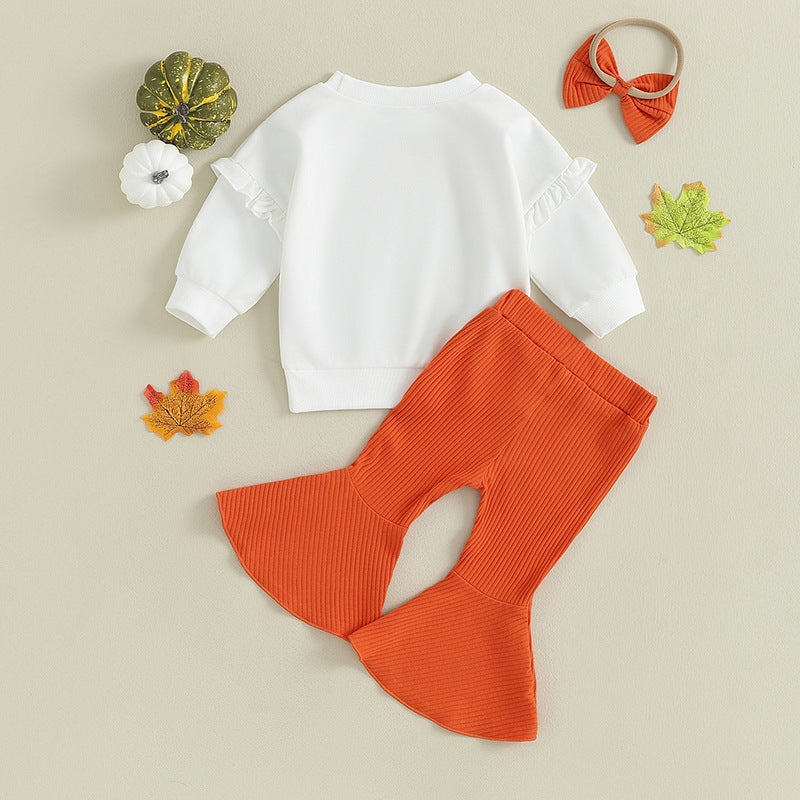 Children Ruffles Sleeve Sweater Sunken Stripe Cotton Bell-bottom Pants Suit