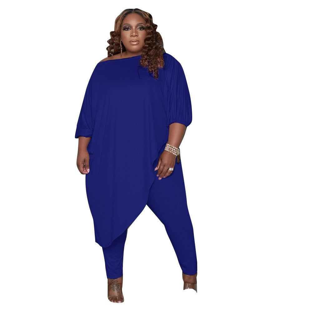 Large Size European And American Women's Clothing Cross-border Hot Selling Spot Loose Solid Color Shoulder Two-piece Set Spring And Autumn