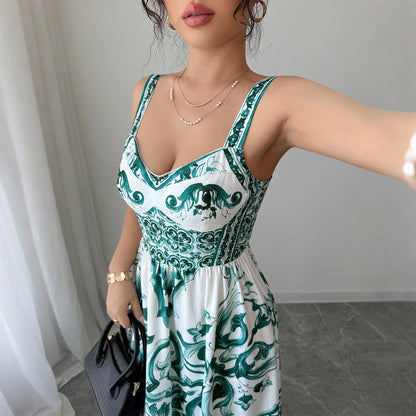 Green Printing Maxi Dress Women's Clothing