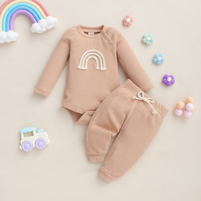 Autumn And Winter Infant Toddler Five-color Embroidered Rainbow Romper Two-piece Set