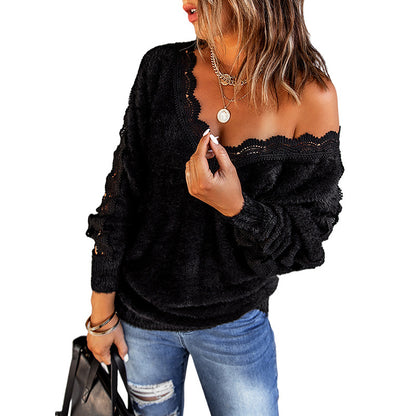 Autumn And Winter New Style Solid Color Lace V-leader Hollow Sexy Knit Top Women