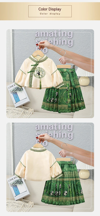 Girls Dress Fashion National Style Children's Two-piece Suit Horse-face Skirt