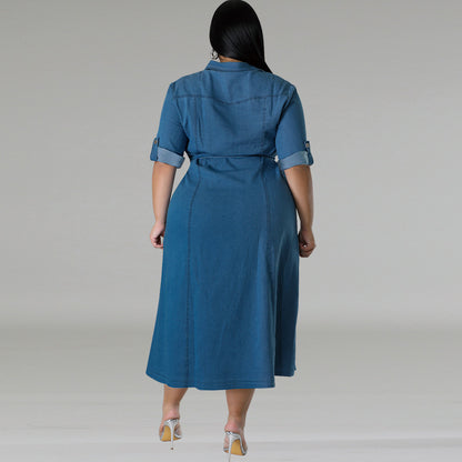 Denim Lapel Long Sleeve Tied Midi Dress