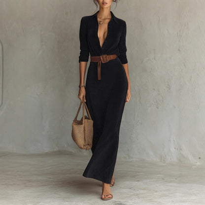 New Waist-tight Long Women's Dress With Belt