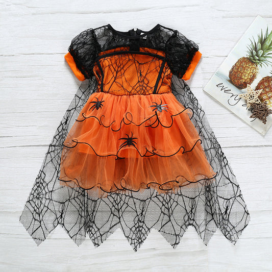 Girls' Halloween Mesh Cake Short Sleeve Dress