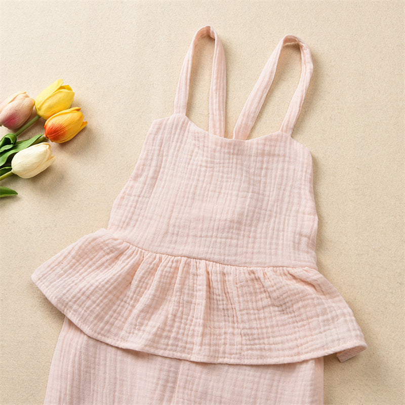 Girls Fashion Solid Color Cotton Lace-up Jumpsuit