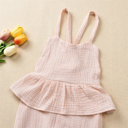Girls Fashion Solid Color Cotton Lace-up Jumpsuit