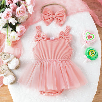Infant Sleeveless Baby Girl Sunken Stripe Solid Color Gauze Skirt Triangle Rompers Bow Headband