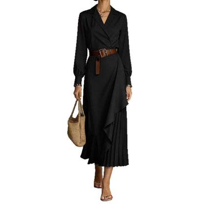 Western-style Irregular Pleated Long-sleeve Dress For Spring And Autumn