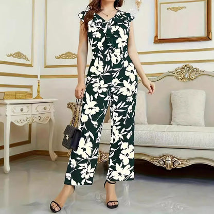Fashion Floral Women's Printed Wear Sleeveless V-neck Pocket Jumpsuit