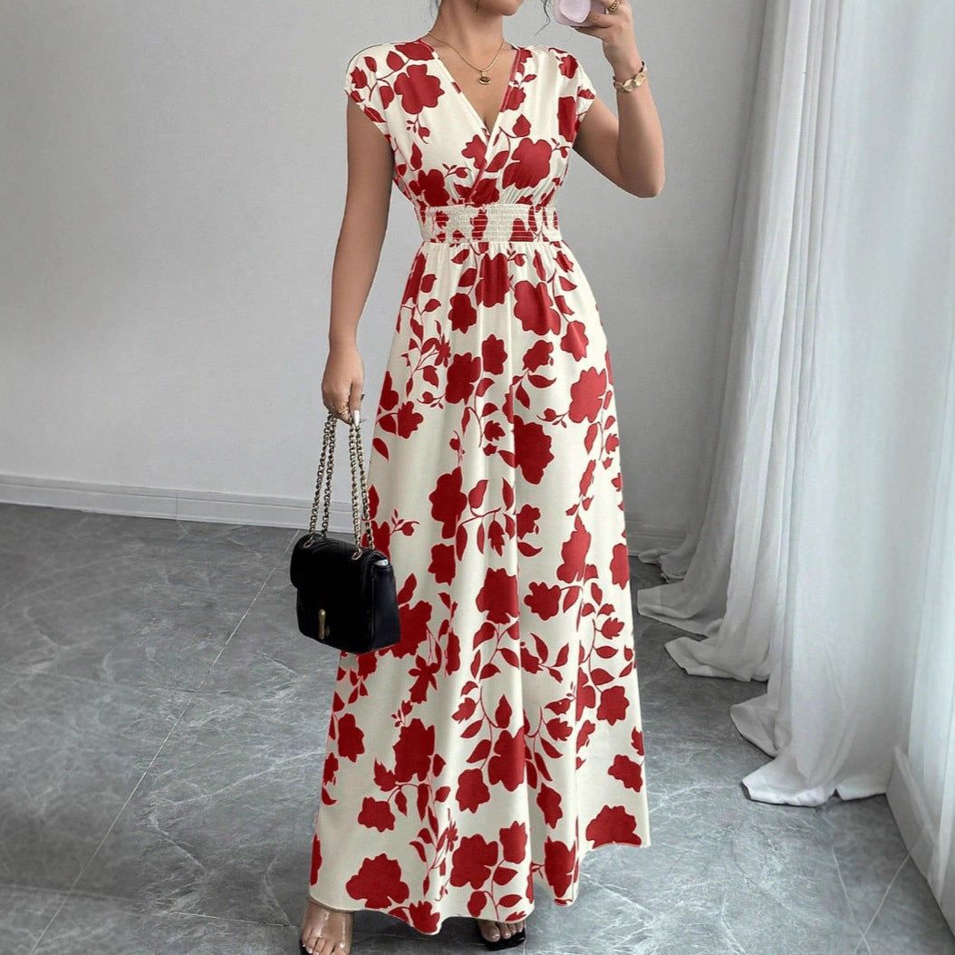 Short Sleeve Lace-up Dress Printed V-neck