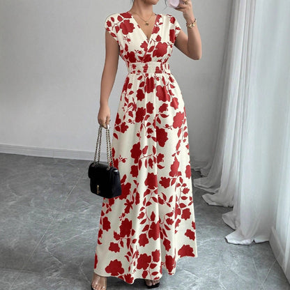 Short Sleeve Lace-up Dress Printed V-neck