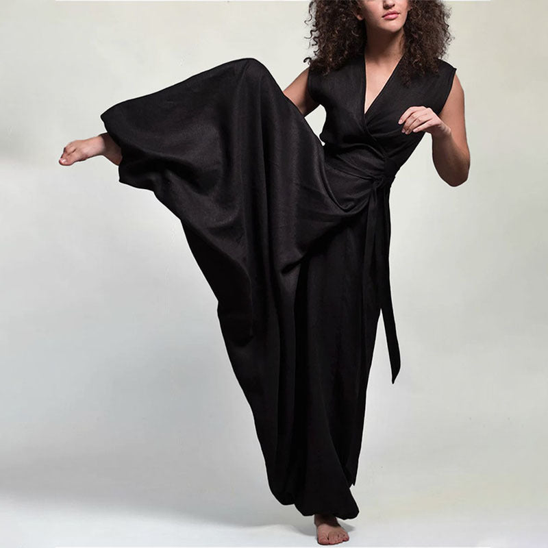 Summer V-neck Wide Leg Solid Color Straight Jumpsuit For Women