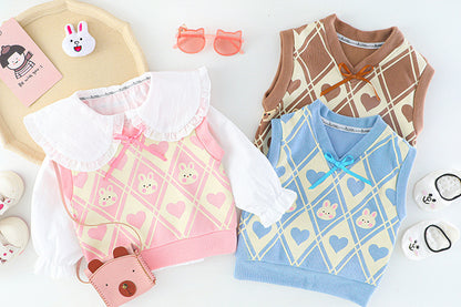 Autumn College Style Girls' Sweater Vest Vest Shirt Three-piece Set