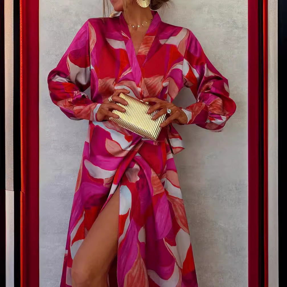 Autumn New Long Sleeve Dress V-neck Lace-up Split