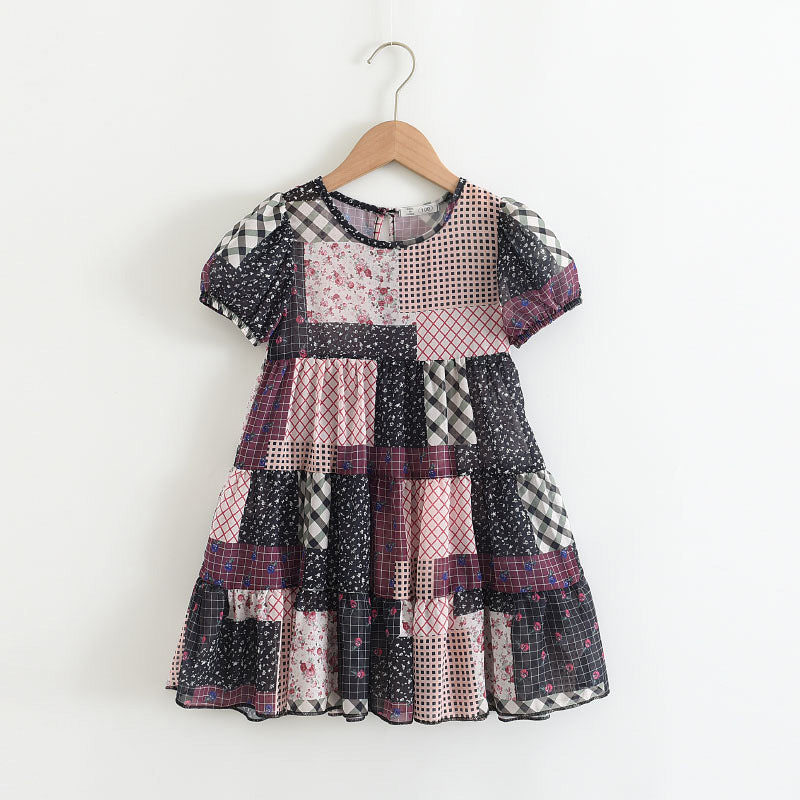 Girls New Short Sleeve Patchwork Print Dress