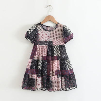 Girls New Short Sleeve Patchwork Print Dress