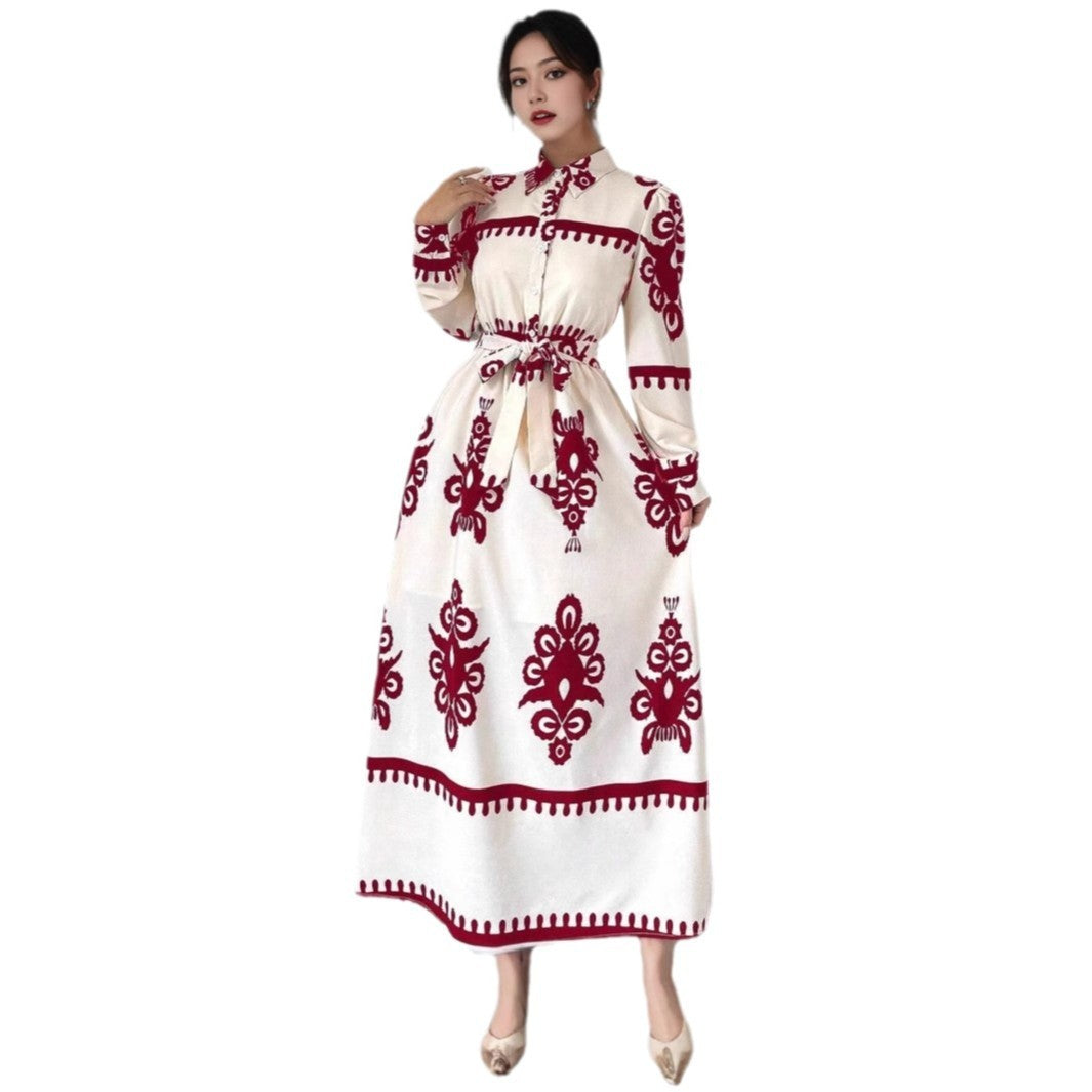 Printed Lace Up European And American Elegant Dress