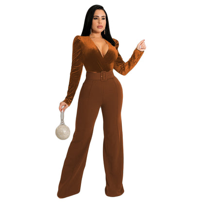 V-neck Solid Color Lace-up Fashion Women's Jumpsuit