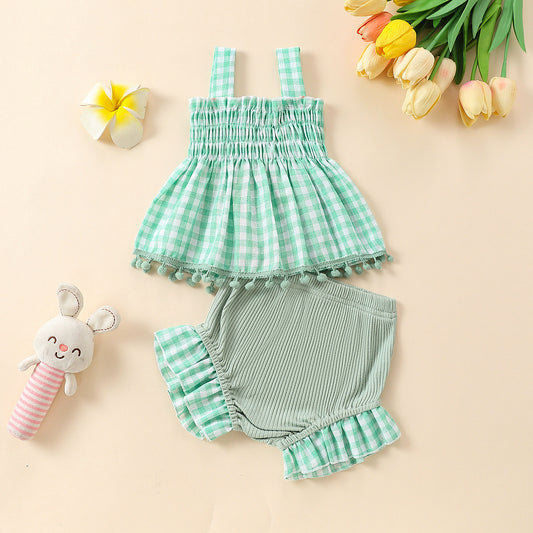Baby Girl Cute Plaid Sling Half-length Lace Skirt Shorts Two-piece Suit