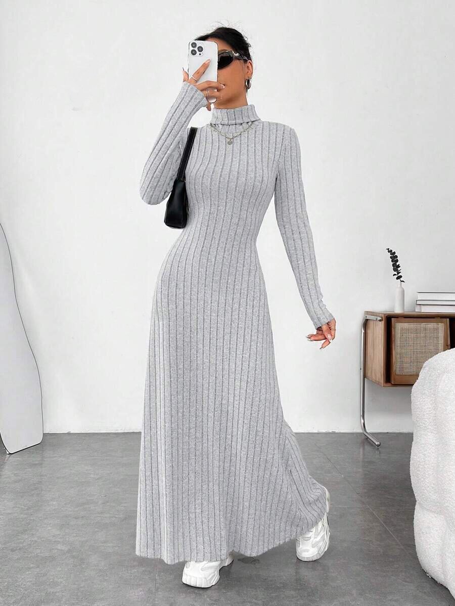 Women's Slim Fit Turtleneck Rib Fabric Brushed Long Sleeve Dress