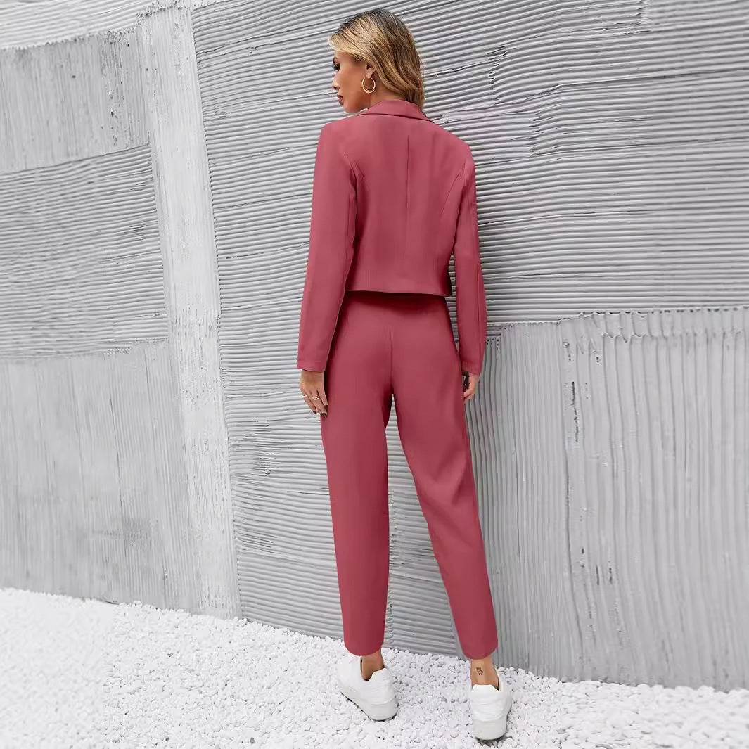 Solid Color Lapel Long Sleeve Dungarees Fashion Two-piece Suit