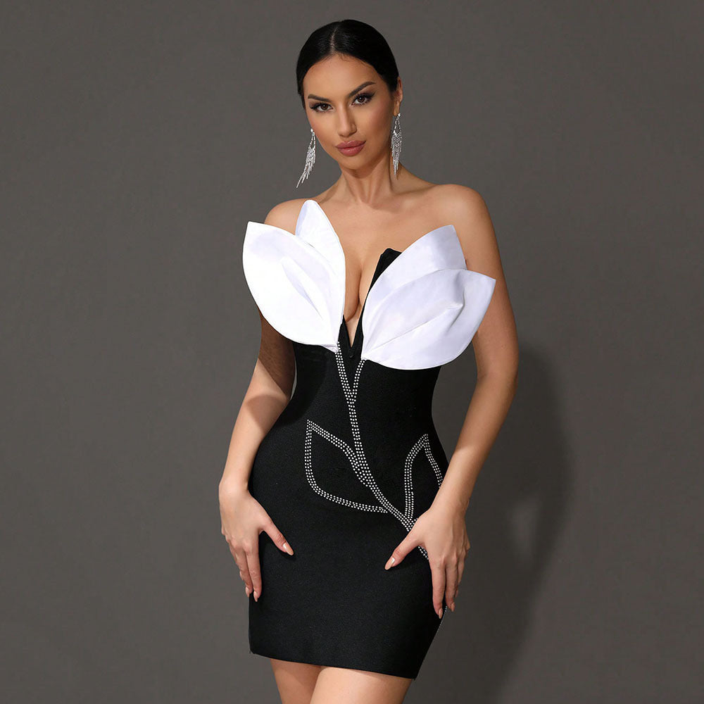 Black Sexy One-shoulder Sleeveless Flower Bandage Dress