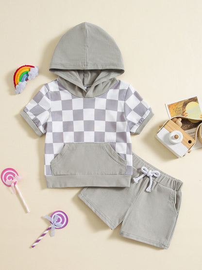 Girls' Plaid Colorblock T-shirt Hooded Shorts Two-piece Set