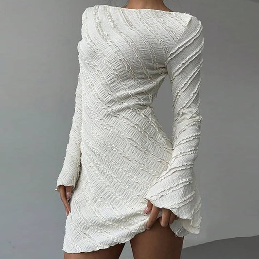 White Knitted Fabric Boat Neck A-line Back Tie Dress