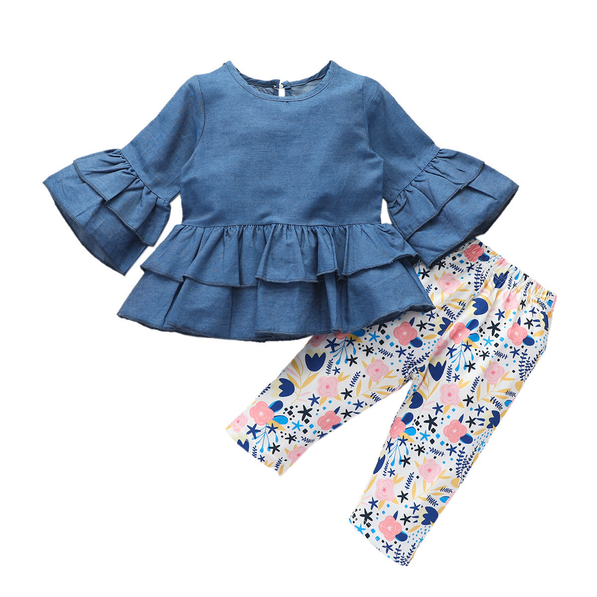 Girls Flare Sleeve Top Printed Trousers Blue