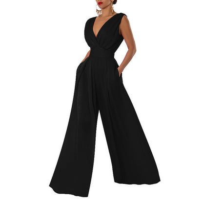 Solid Color And V-neck High Waist Wide Leg Jumpsuit