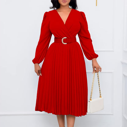 Long Sleeve V-neck Pleated Midi Dress