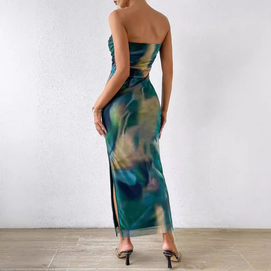 Side Slit Tie-dye Backless Sexy Sheath Dress