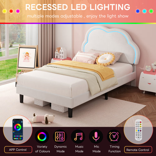 3ft Single Upholstered Bed With LED Adjustable Cute Cloud Headboard, Soft Velvet Bed Frame With Solid Wood Slat, No Box Spring Needed, Easy Assembly, Cream White No Mattress