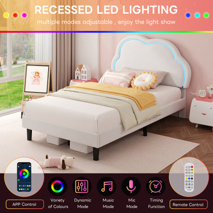 3ft Single Upholstered Bed With LED Adjustable Cute Cloud Headboard, Soft Velvet Bed Frame With Solid Wood Slat, No Box Spring Needed, Easy Assembly, Cream White No Mattress