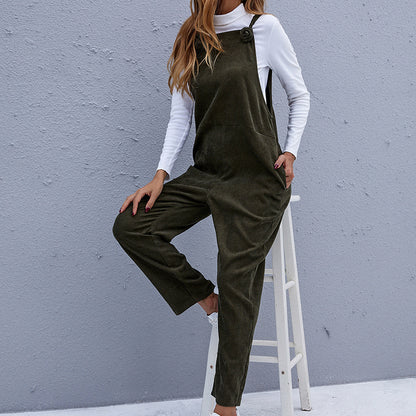 Fall Casual Loose Corduroy Solid Color Strap Ladies Jumpsuit