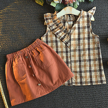 Two-piece plaid sleeveless brown skirt