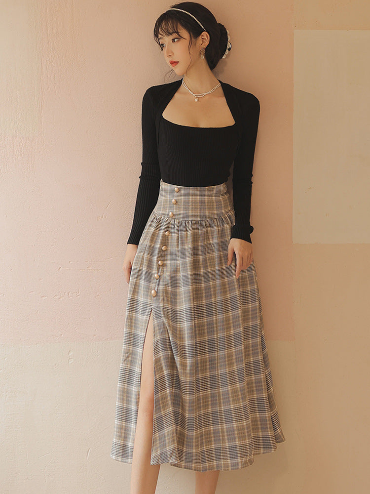 French Light Retro All-match Bottoming Shirt Temperament Plaid Skirt Suit