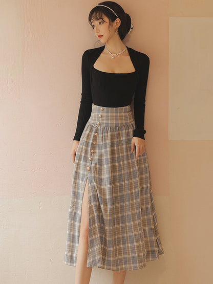 French Light Retro All-match Bottoming Shirt Temperament Plaid Skirt Suit