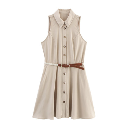 Women's Lapel Single Breasted Sleeveless Dress With Belt