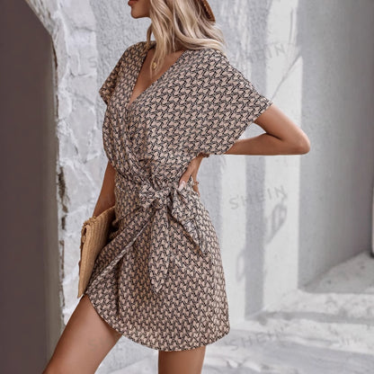 Lace-up Loose Batwing Sleeve V-neck Women's Dress