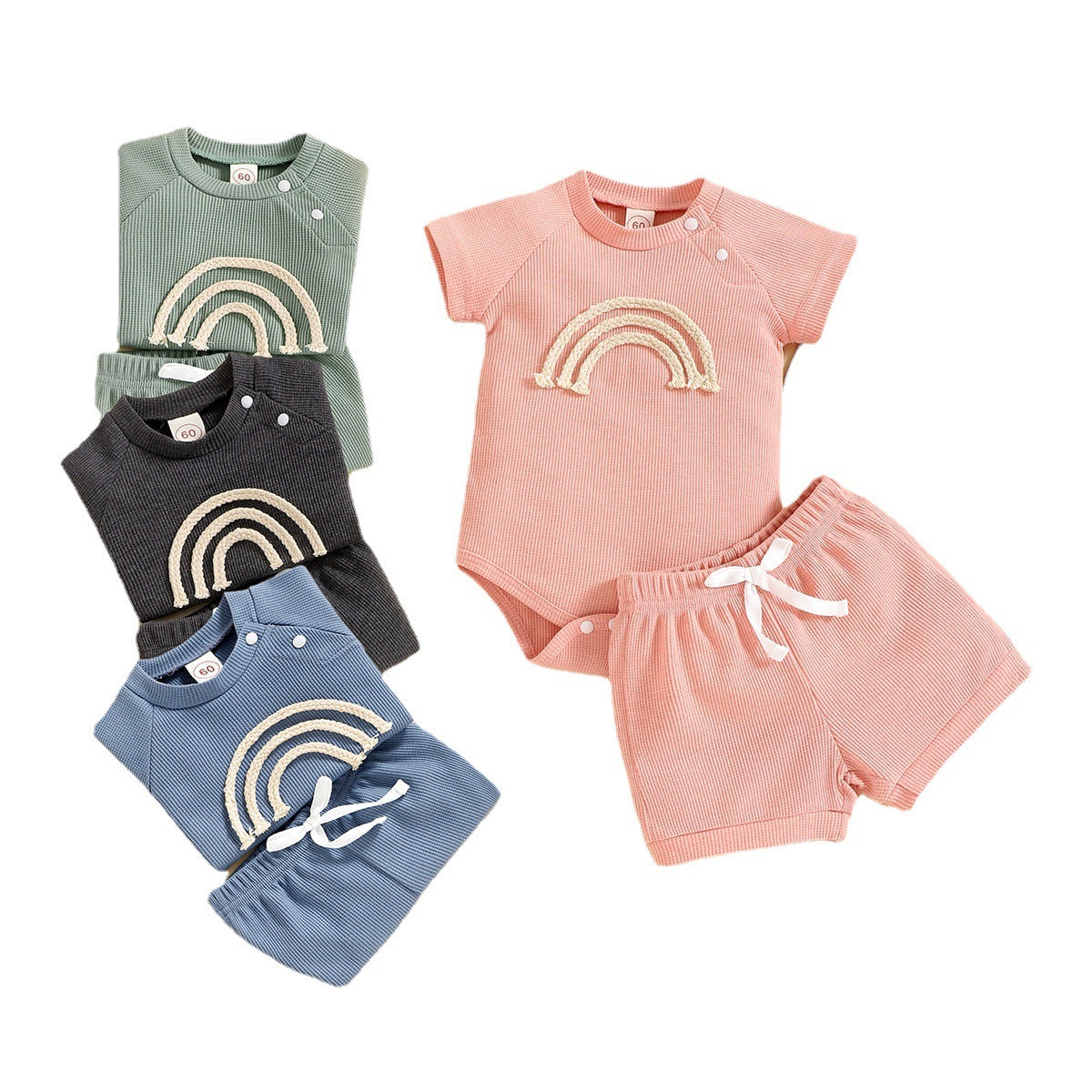Rainbow Waffle Four-color Side Button Short Sleeve Baby Bodysuit Shorts Suit